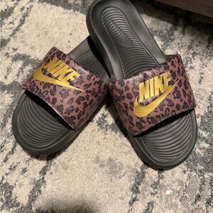 Nike Black and Brown Leopard Slides with Gold Logo